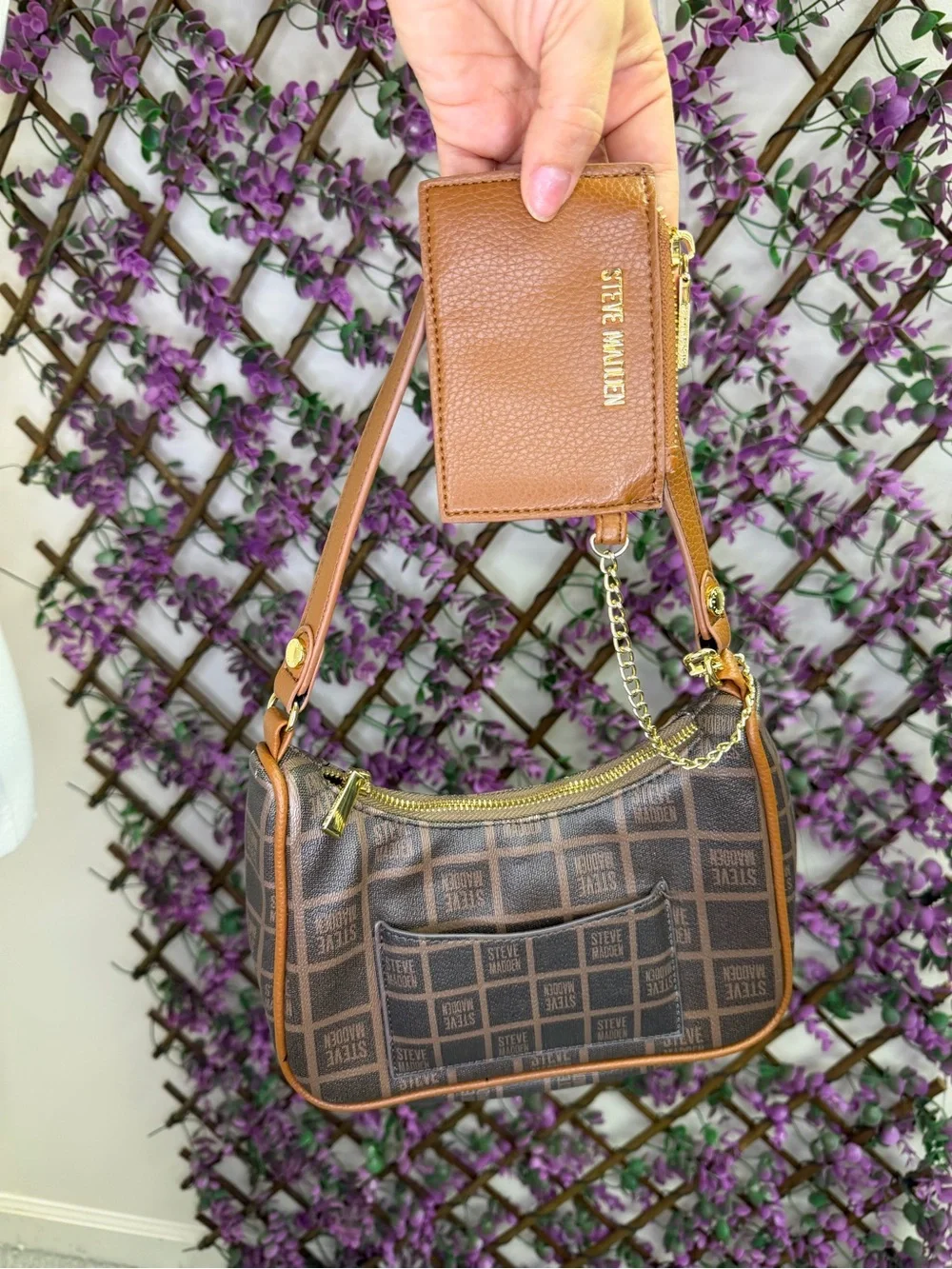 Y2K Steve Madden Brown Logo-Print Shoulder Bag with Tan Trim